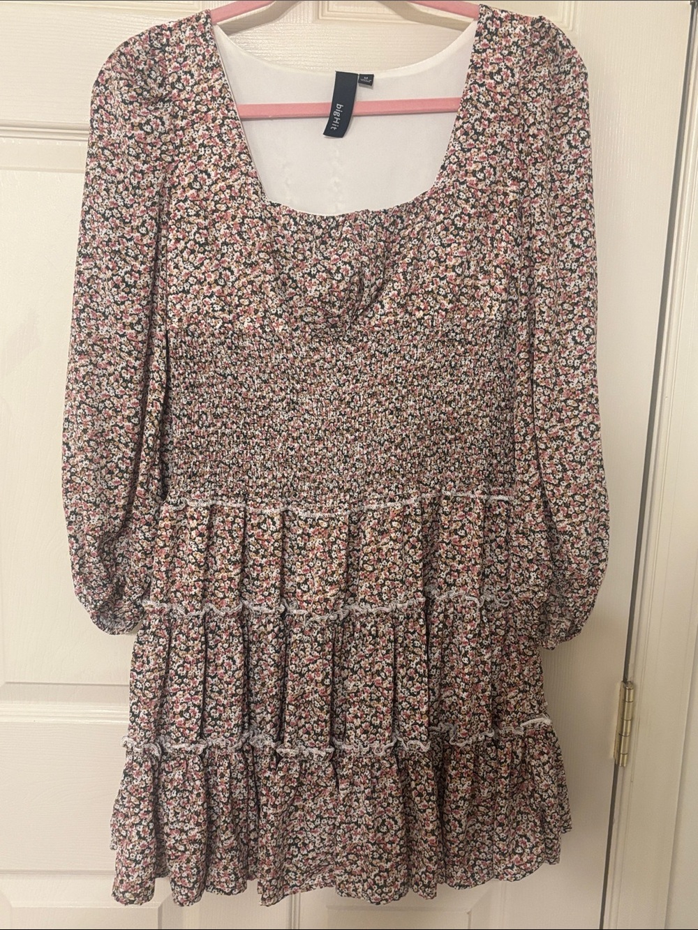 Floral Smocked Lined Tiered Dress - Pink and Brown Medium